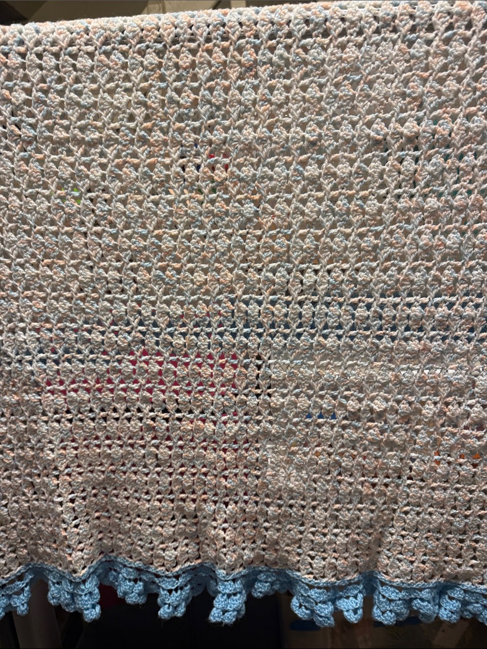 Hand-Crocheted Cream Throw Blanket with Light Blue Trim